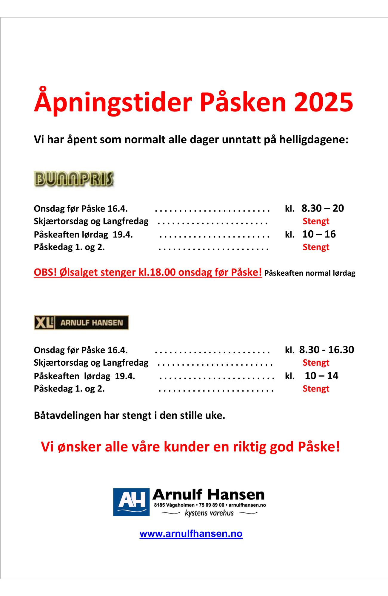 Åpningstider for Påsken 2025 plakat